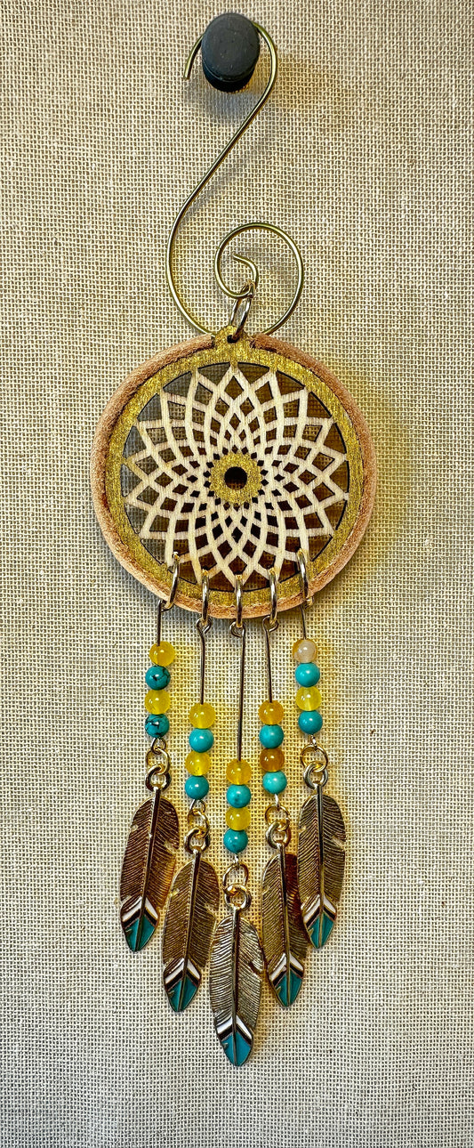 Hand painted Wooden Dreamcatcher w/ Deer hide, Agate, & Turquoise (S)