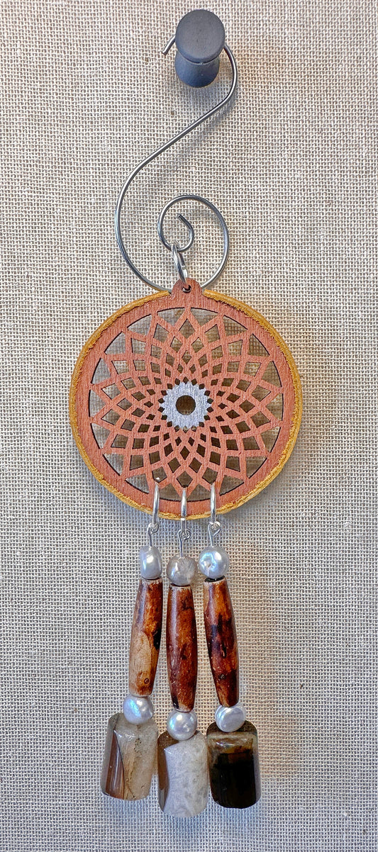 Hand painted Wooden Dreamcatcher w/ Deer hide, Crazy Lace Agate, Bone Beads, & Freshwater Pearls (S)