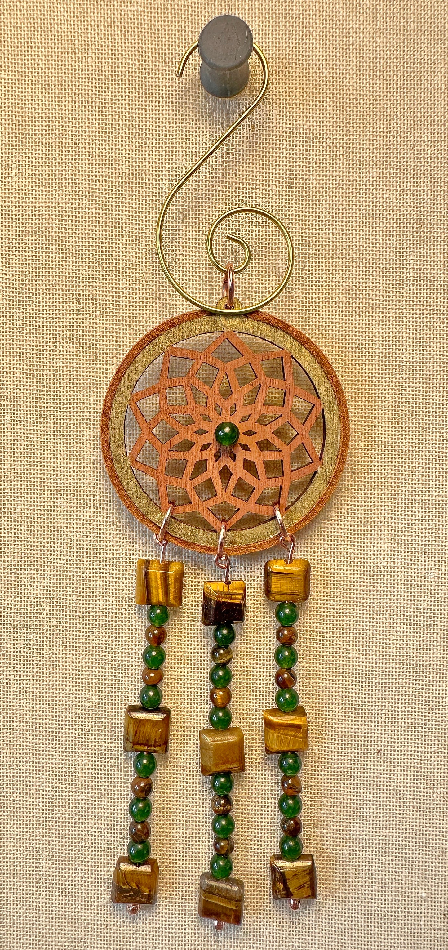 Hand painted Wooden Dreamcatcher w/ Deer hide, Jade, & Tigers' Eye (S)