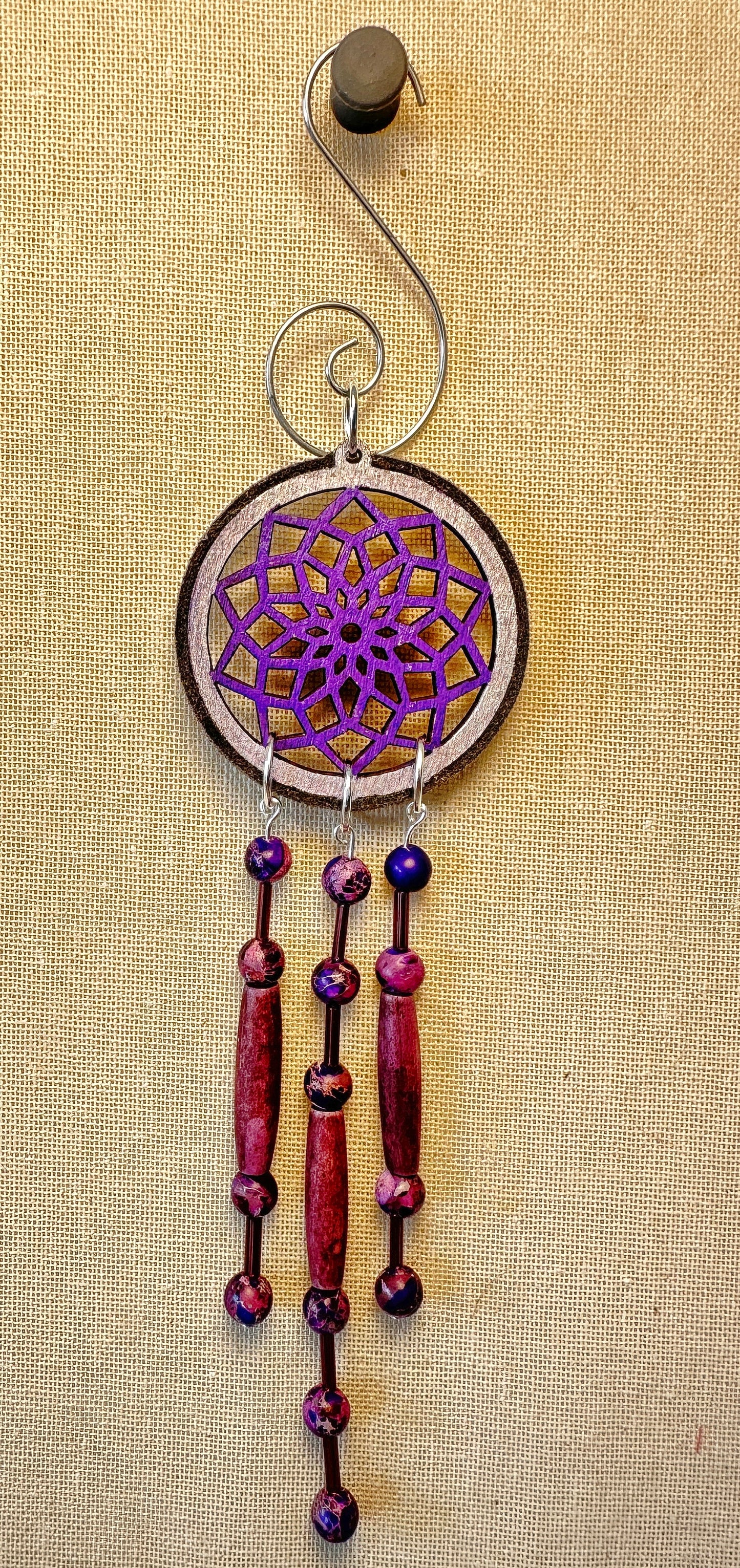 Hand painted Wooden Dreamcatcher w/ Deer hide, Imperial Jasper, & Bone Beads (S)