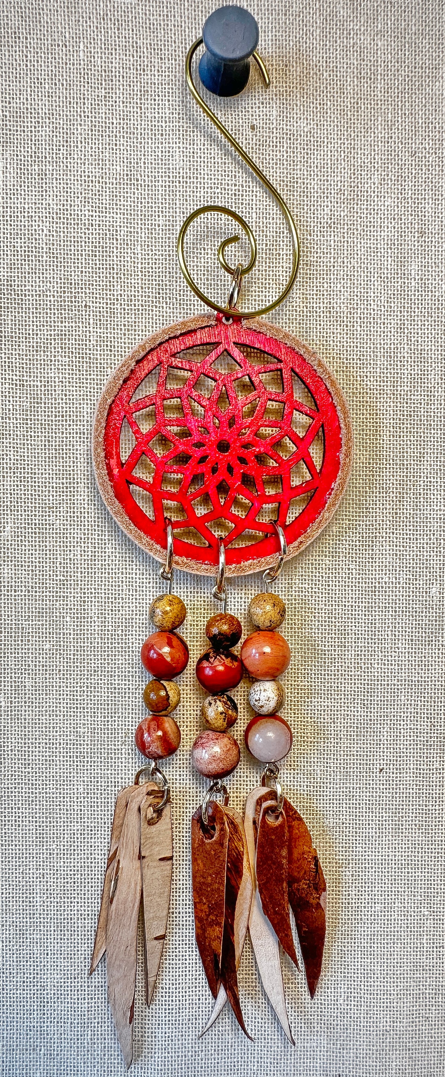 Hand painted Wooden Dreamcatcher w/ Deer hide, Picture Jasper, Poppy Jasper, & Birch Bark (S)