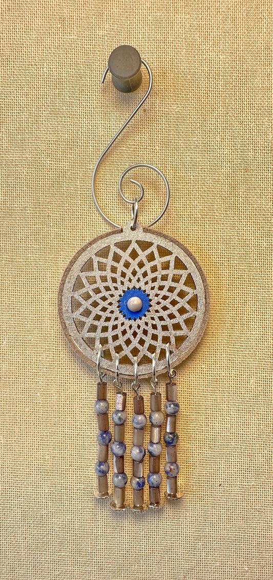 Hand painted Wooden Dreamcatcher w/ Deer hide, Mother-of-Pearl, & Sodalite (S)