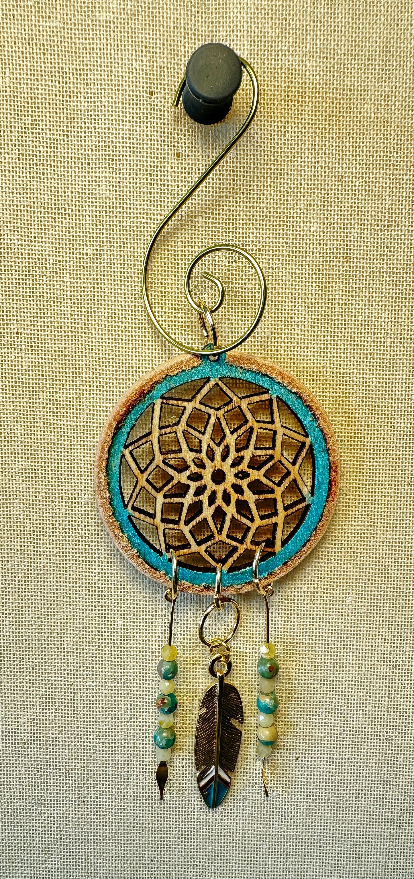 Hand painted Wooden Dreamcatcher w/ Deer hide, Serpentine, & Yellow Opal (S)