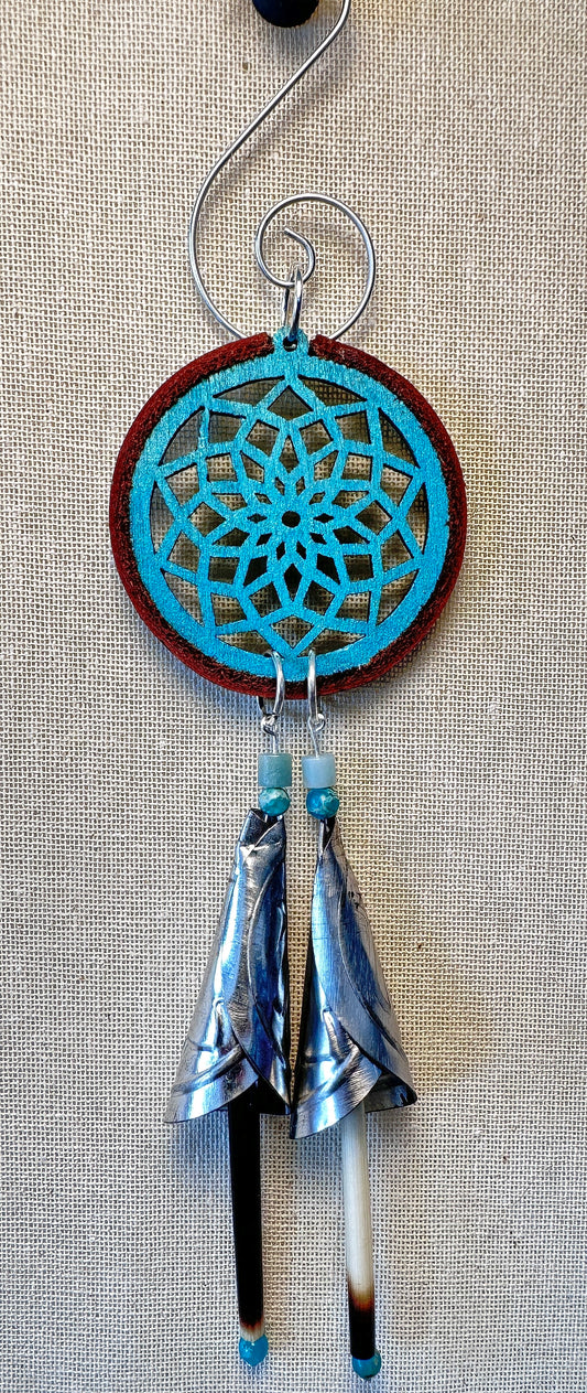 Hand painted Wooden Dreamcatcher w/ Deer hide, Serpentine, Tin Jingle Cones, Amazonite, & Porcupine Quills (S)