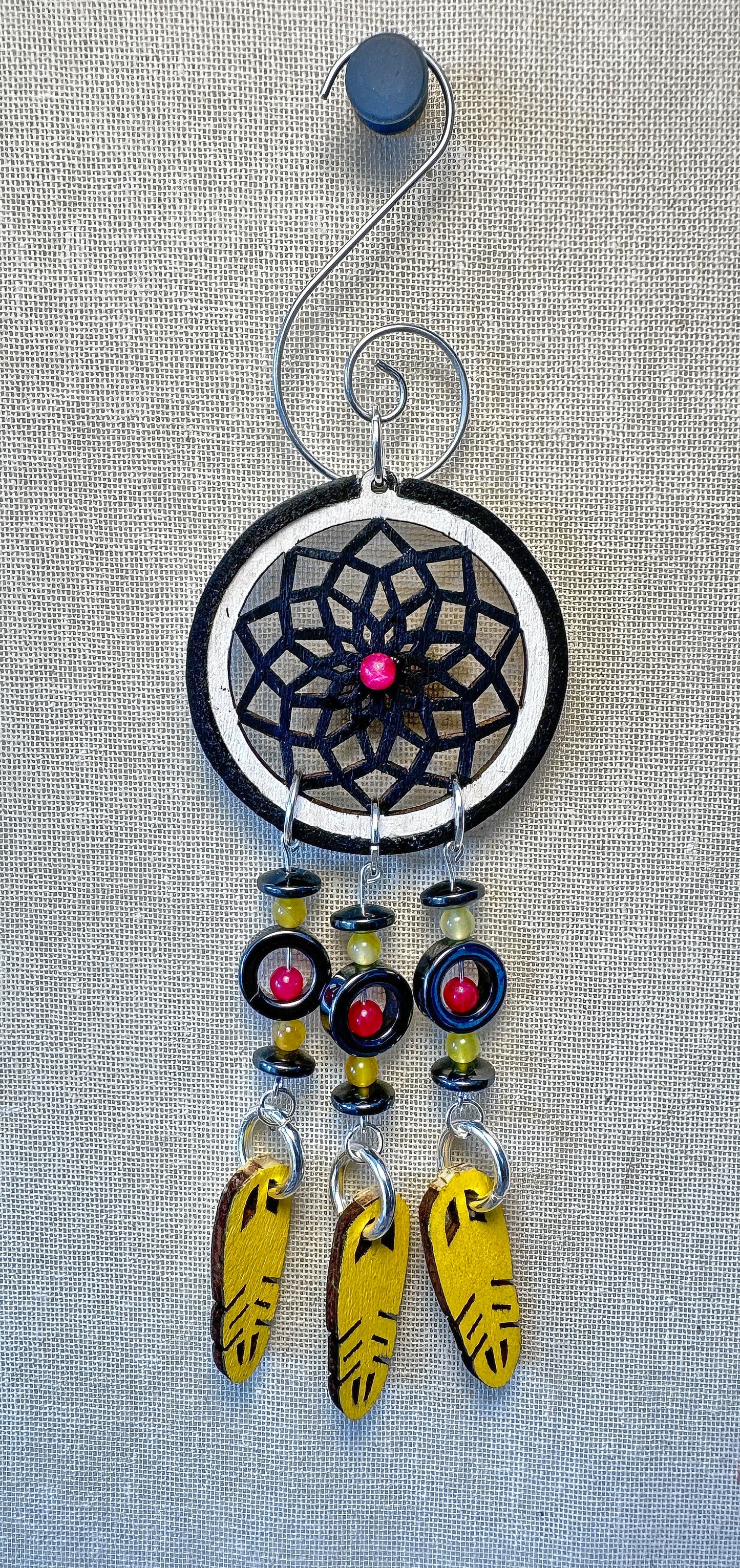 Hand painted Wooden Dreamcatcher w/ Deer hide, Agate, & Hematite (S)