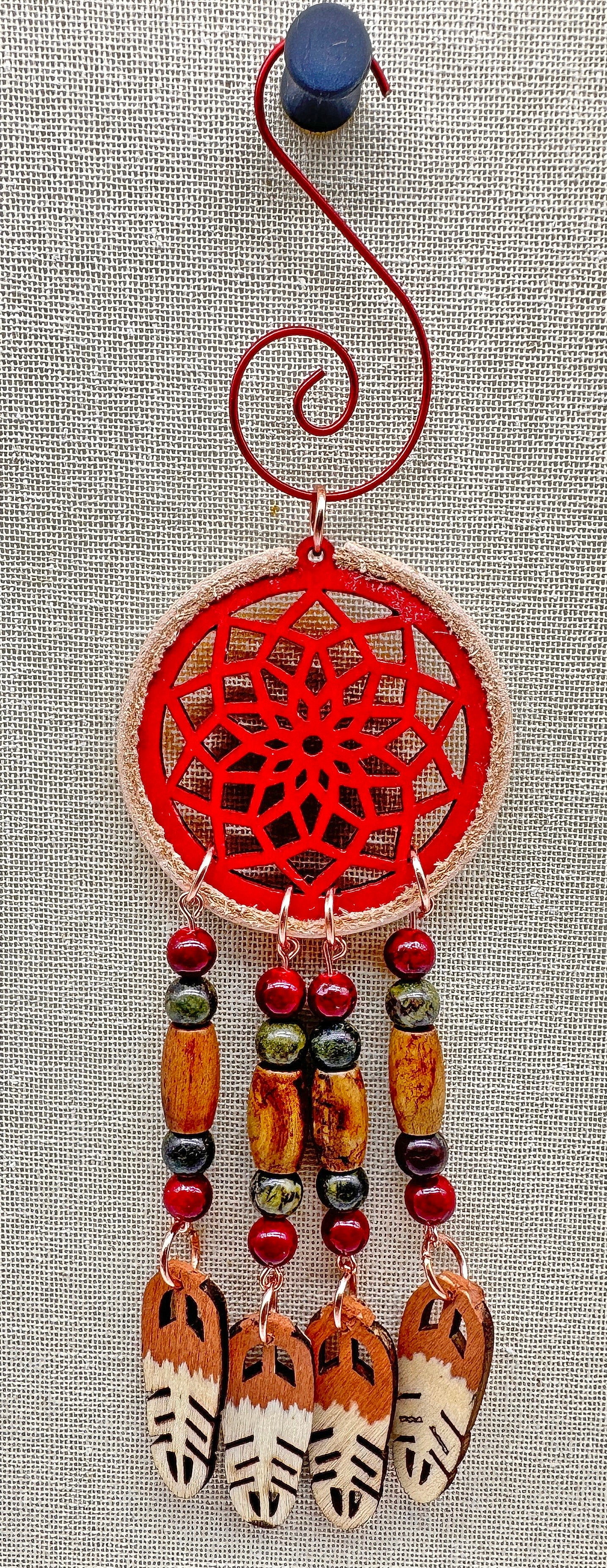 Hand painted Wooden Dreamcatcher w/ Deer hide, Quartzite, Dragon Blood, & Bone Beads (S)