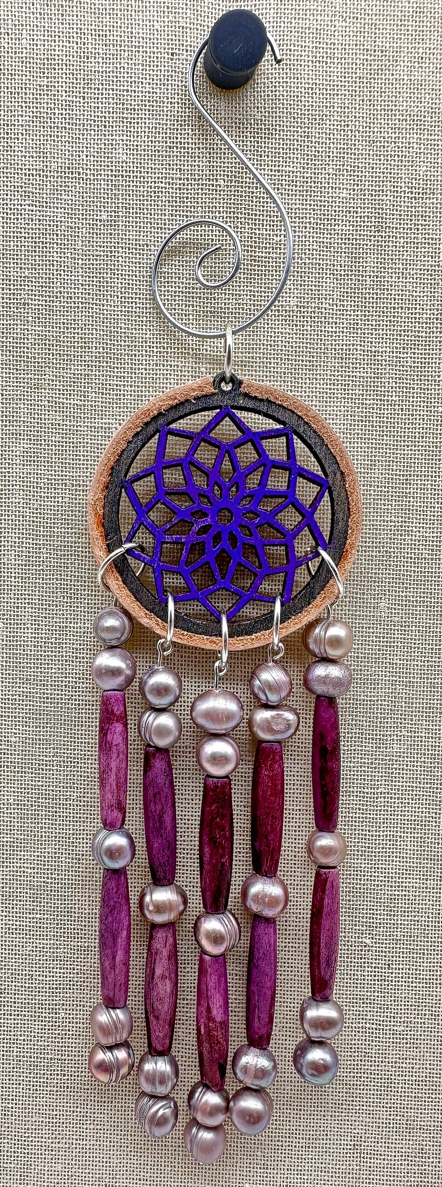 Hand painted Wooden Dreamcatcher w/ Deer hide, Freshwater Pearl, & Bone Beads (S)