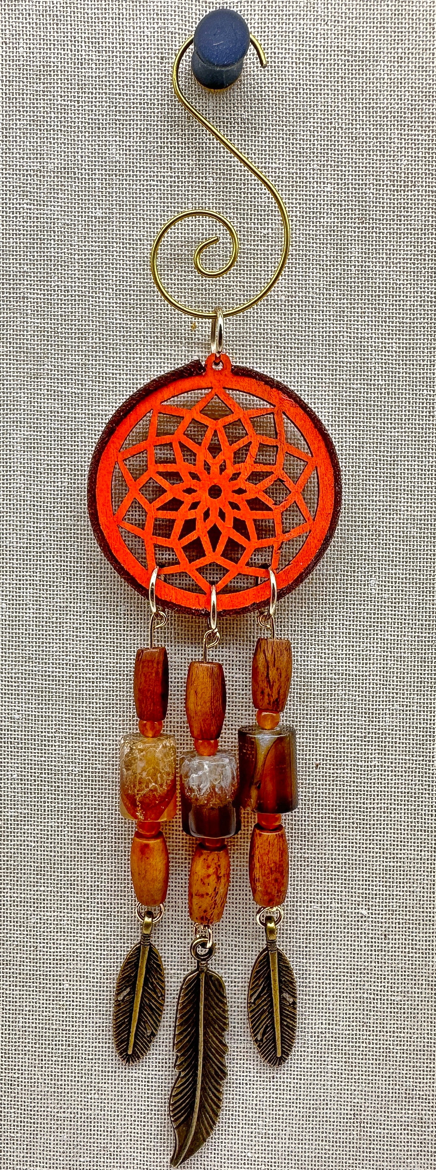 Hand painted Wooden Dreamcatcher w/ Deer hide, Crazy Lace Agate, & Bone Beads (S)