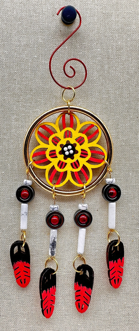 Hand painted Wooden Dreamcatcher w/Howlite, Hematite, & Quartzite, 4 Sacred Colours (M)