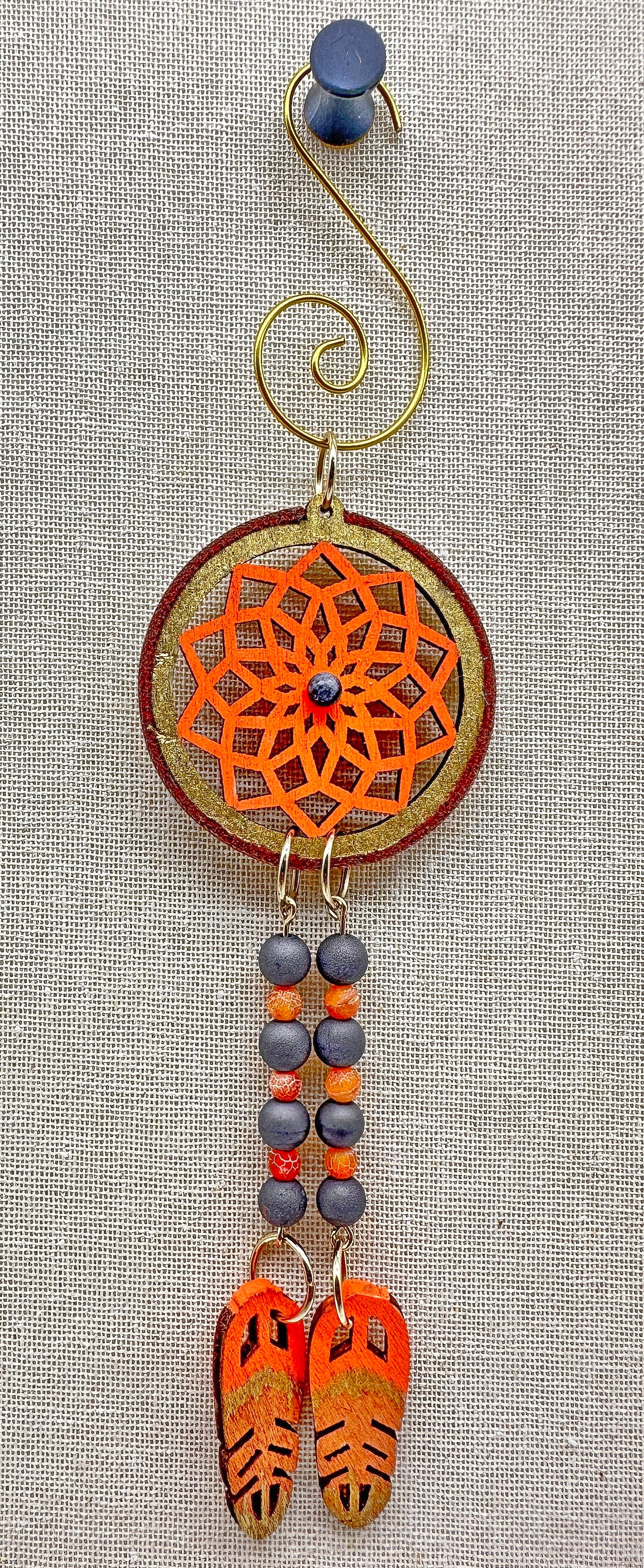 Hand painted Wooden Dreamcatcher w/ Deer hide, Agate, & Black Network (S)