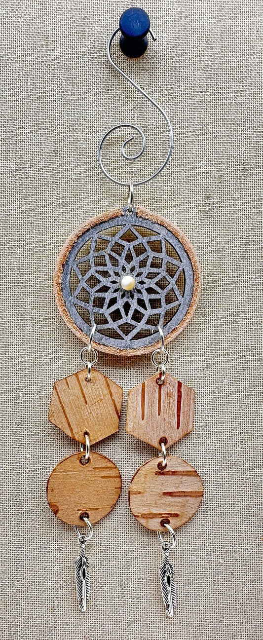 Hand painted Wooden Dreamcatcher w/ Deer hide, Sunstone, & Birch Bark (S)