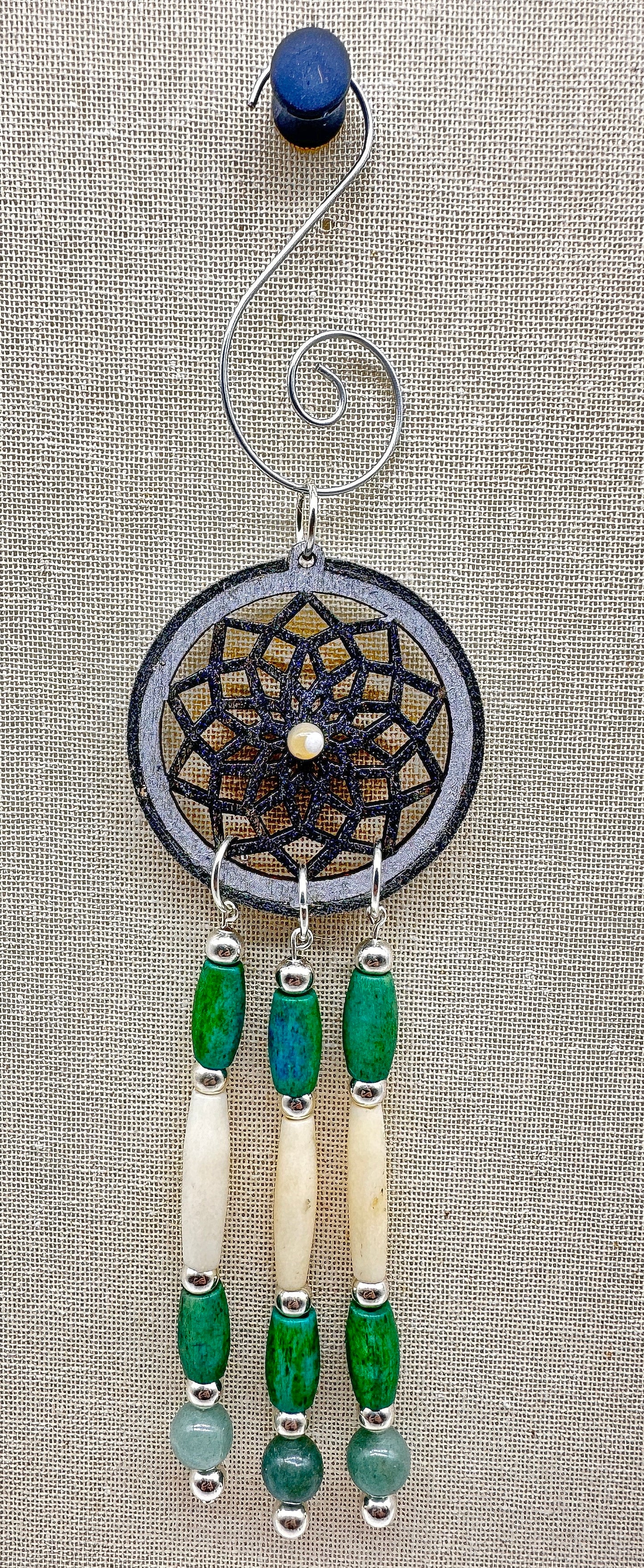 Hand painted Wooden Dreamcatcher w/ Deer hide, Amazonite, Mother-of-Pearl, & Bone Bead (S)