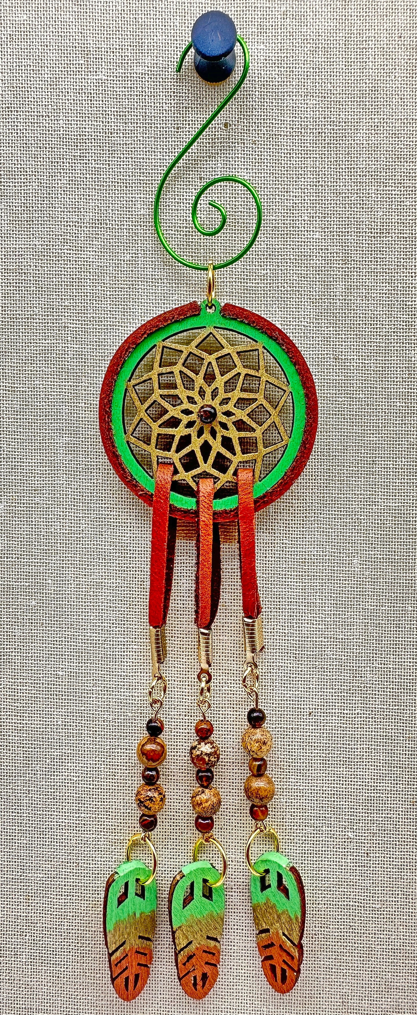 Hand painted Wooden Dreamcatcher w/ Deer hide, Tiger's Eye, & Picture Jasper (S)