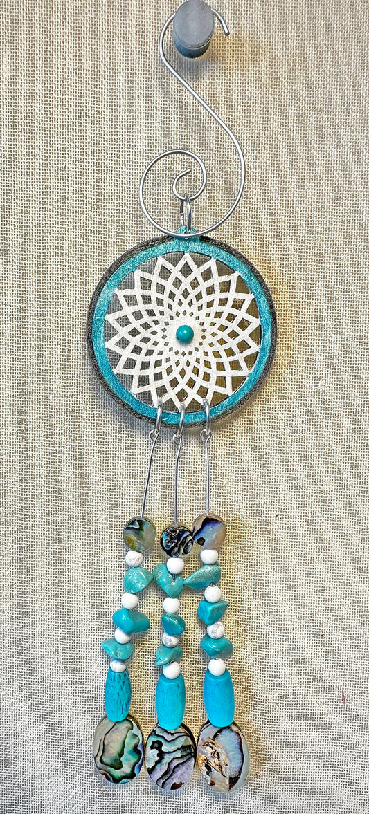 Hand painted Wooden Dreamcatcher w/ Deer hide, Abalone, Turquoise, Howlite, & Bone Beads (S)