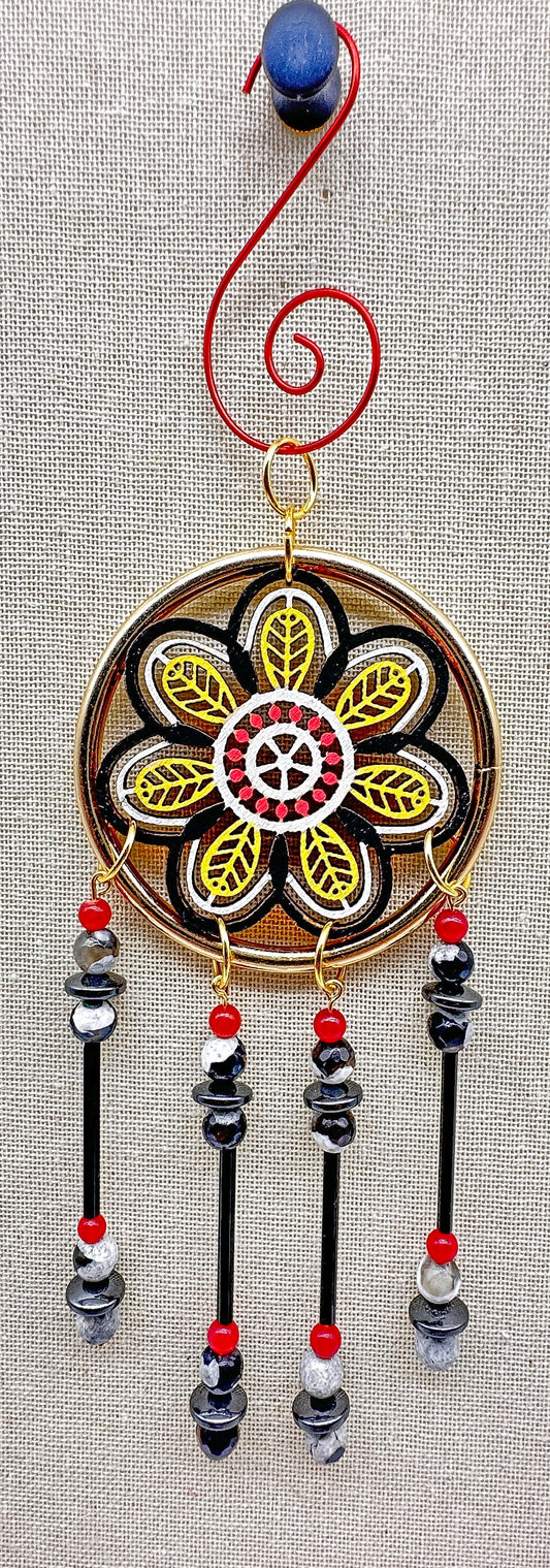 Hand painted Wooden Dreamcatcher w/ Fire Agate, Hematite, & Agate