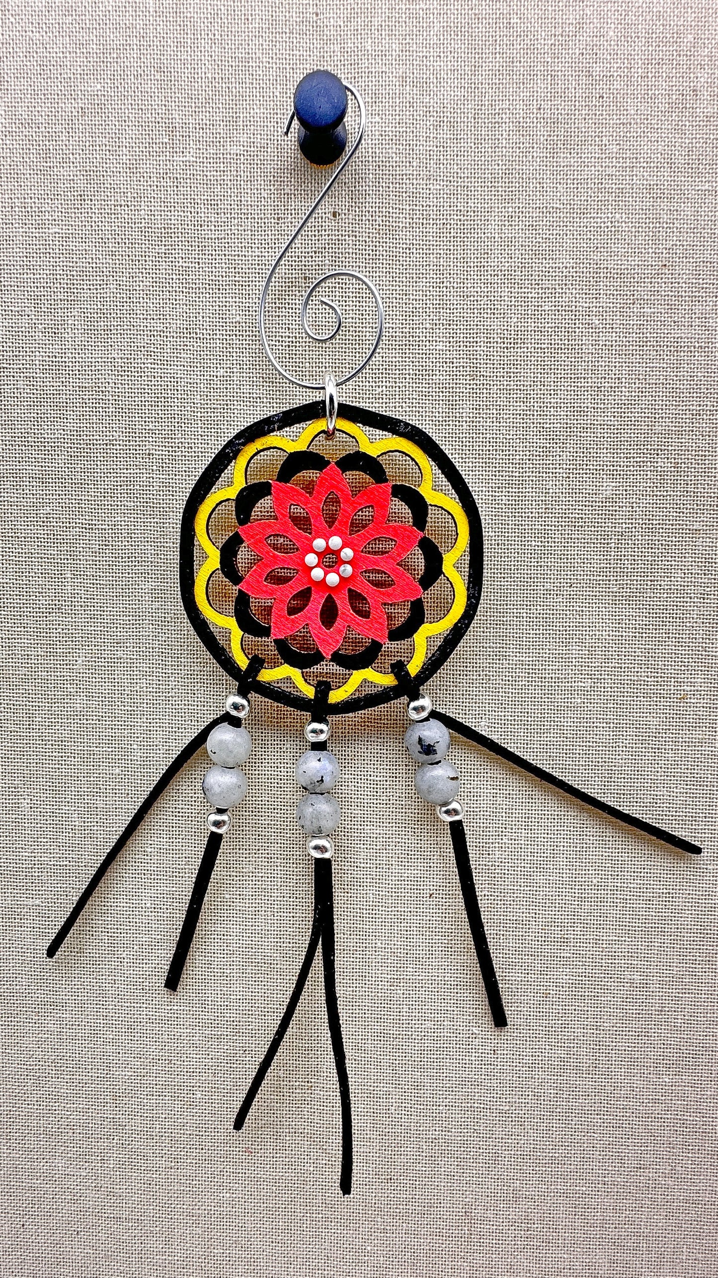 Hand painted Wooden Dreamcatcher w/ Deer hide, Labradorite, Howlite, & 4 Sacred Colours (S)