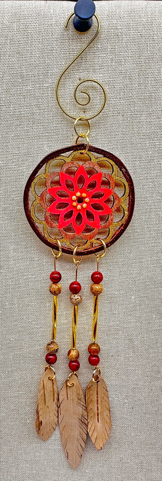 Hand painted Wooden Dreamcatcher w/ Deer hide, Birch Bark, Picture Jasper, & Quartzite (S)