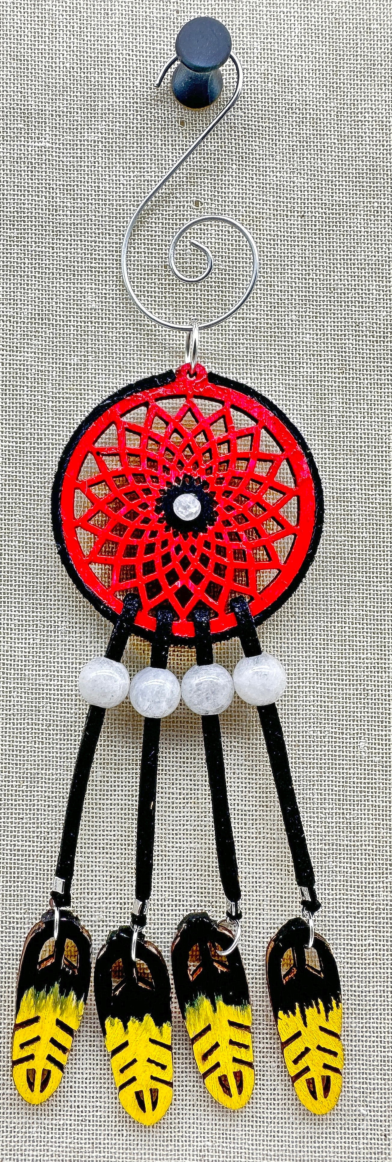 Hand painted Wooden Dreamcatcher w/ Deer hide, Moonstone, Crackle Agate, 4 Sacred Colours (S)