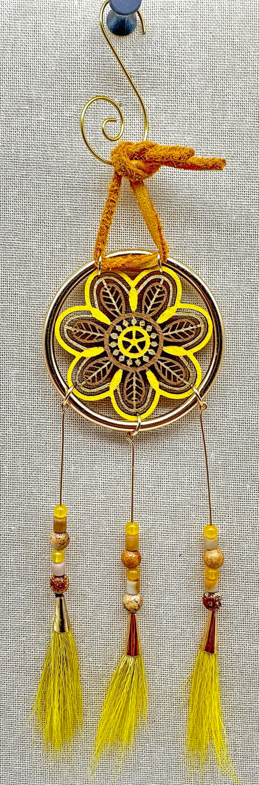 Hand painted Wooden Dreamcatcher w/ Agate, Picture Jasper, Amazonite, & Caribou Hair (M)