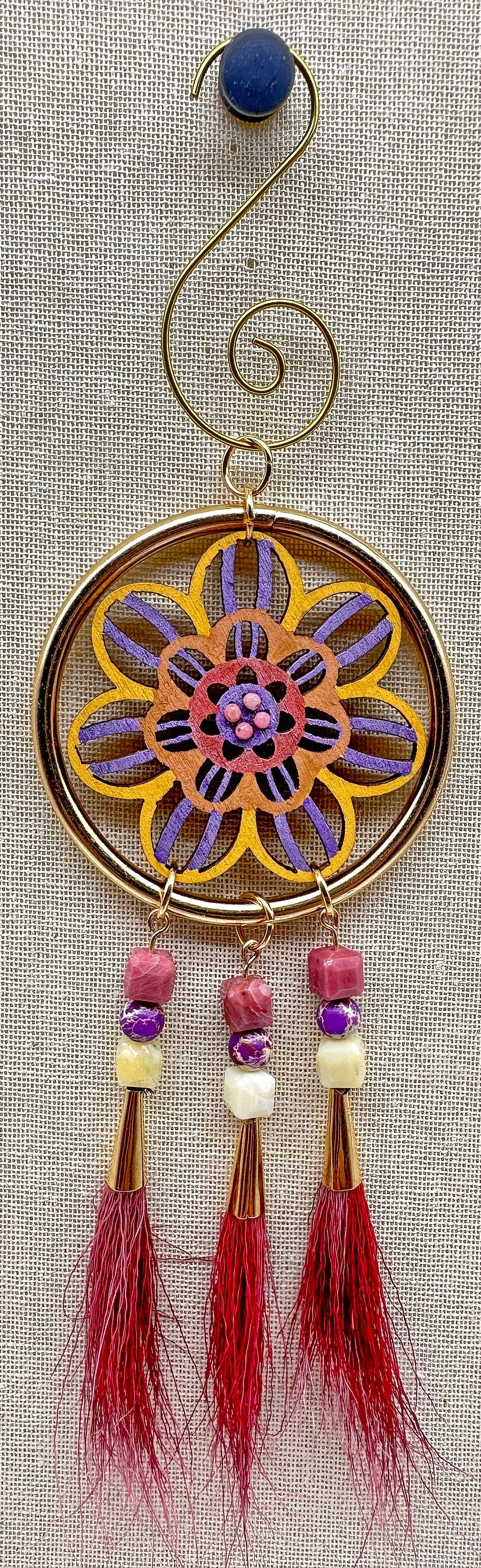 Hand painted Wooden Dreamcatcher w/ Rhodonite, Honey Opal, Imperial Jasper, & Caribou Hair (M)