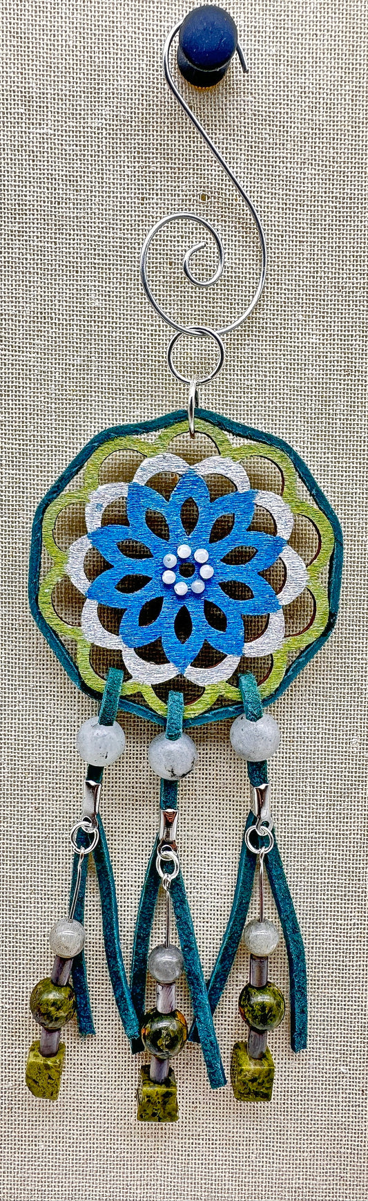 Hand painted Wooden Dreamcatcher w/ Deer hide, Labradorite, Mother-of-Pearl, & Unakite (S)