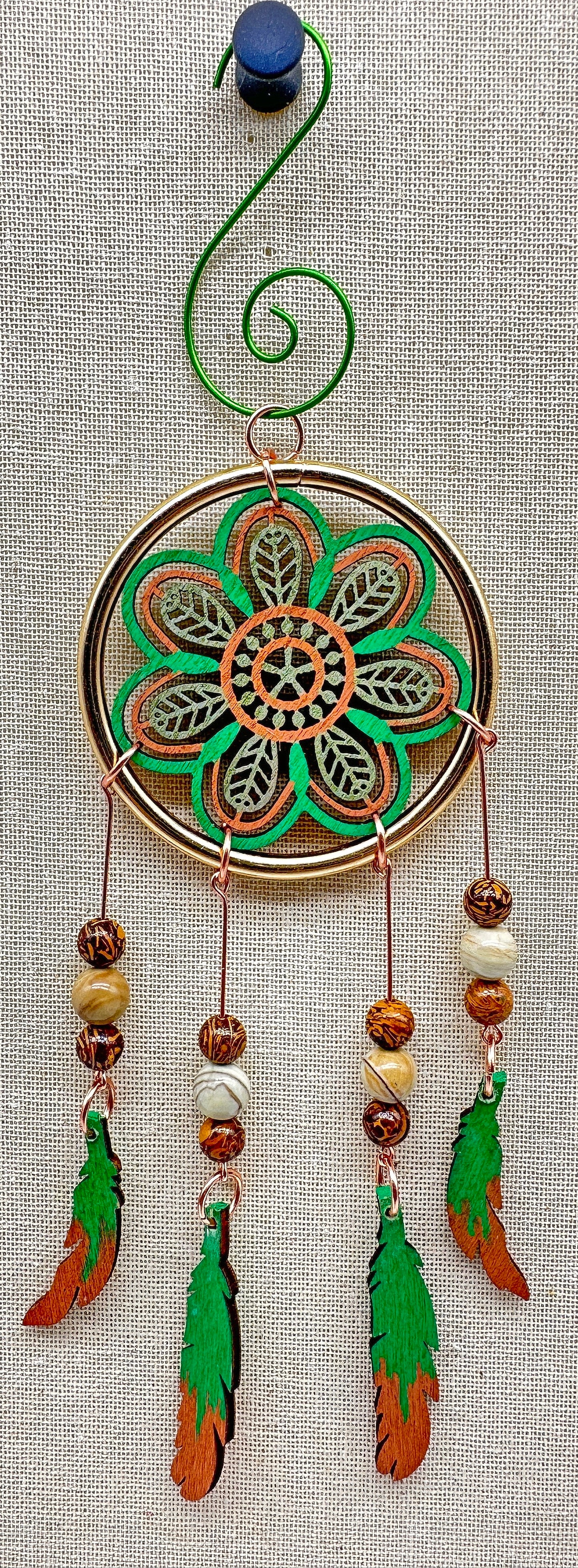 Hand painted Wooden Dreamcatcher w/ Elephant Skin Jasper & Butter Jasper (M)