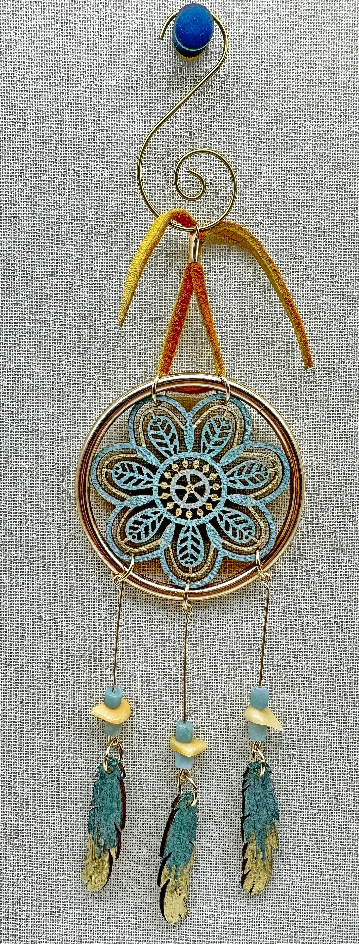 Hand painted Wooden Dreamcatcher w/ Amazonite & Yellow Jasper (S)