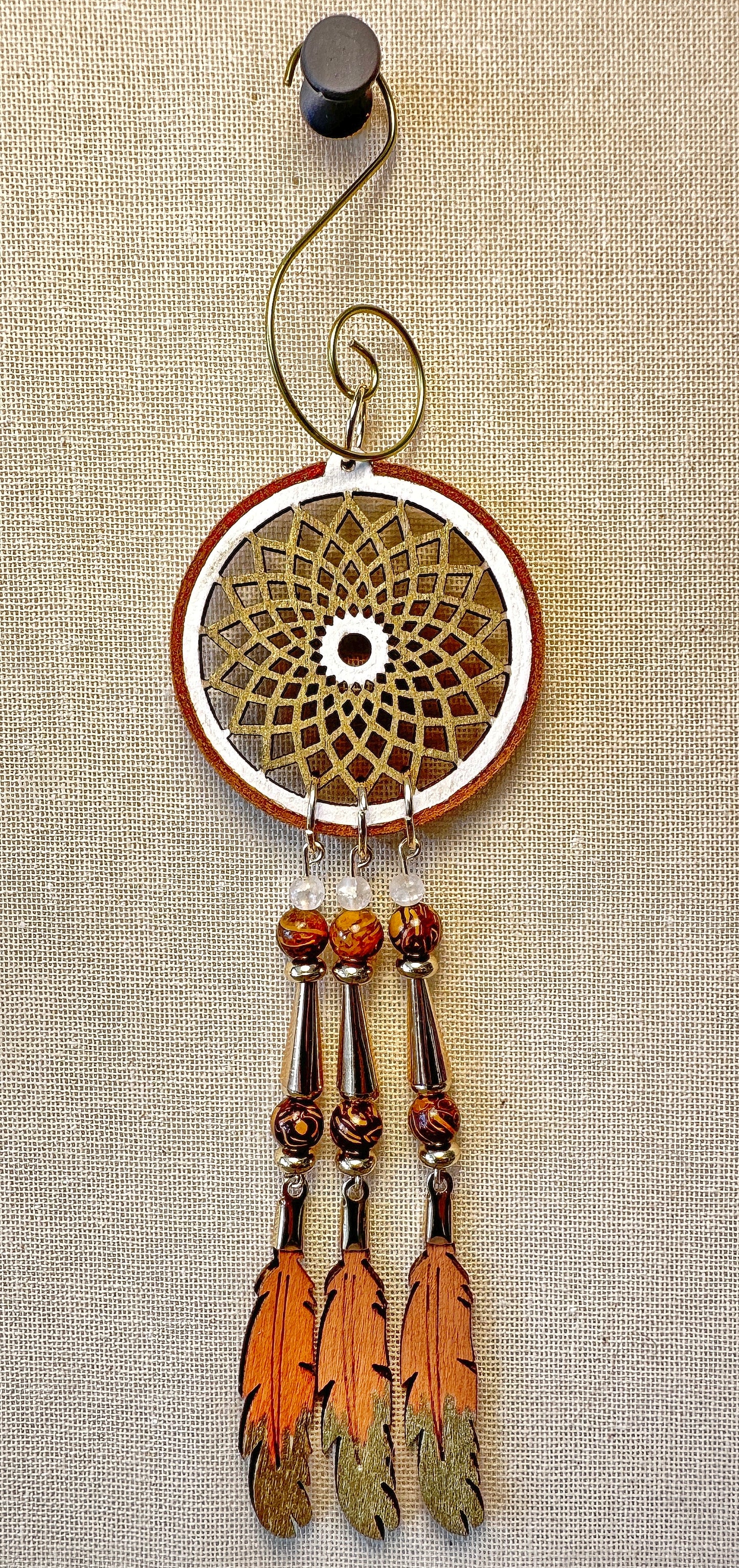 Hand painted Wooden Dreamcatcher w/ Deer hide, Quartz, and & Elephant Skin Jasper (S)