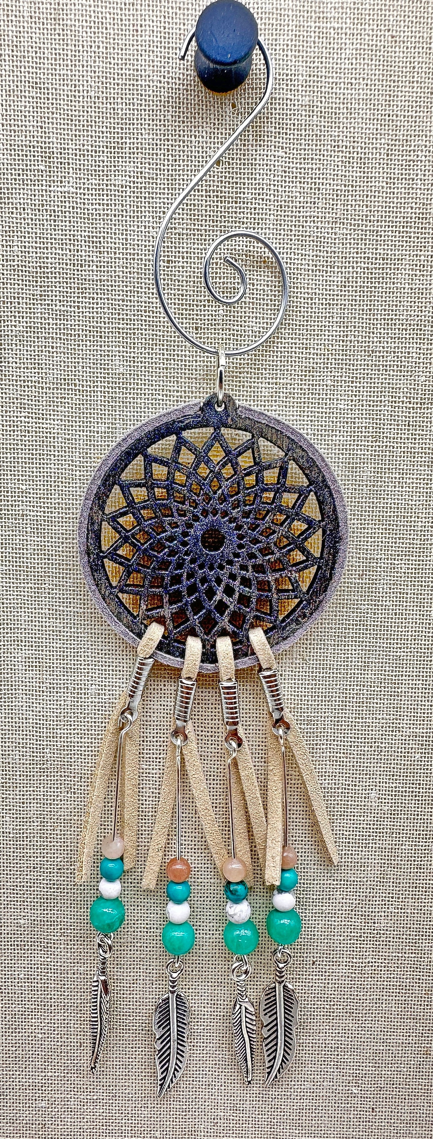 Hand painted Wooden Dreamcatcher w/ Deer hide, Turquoise, Quartzite, Howlite, & Sunstone (S)