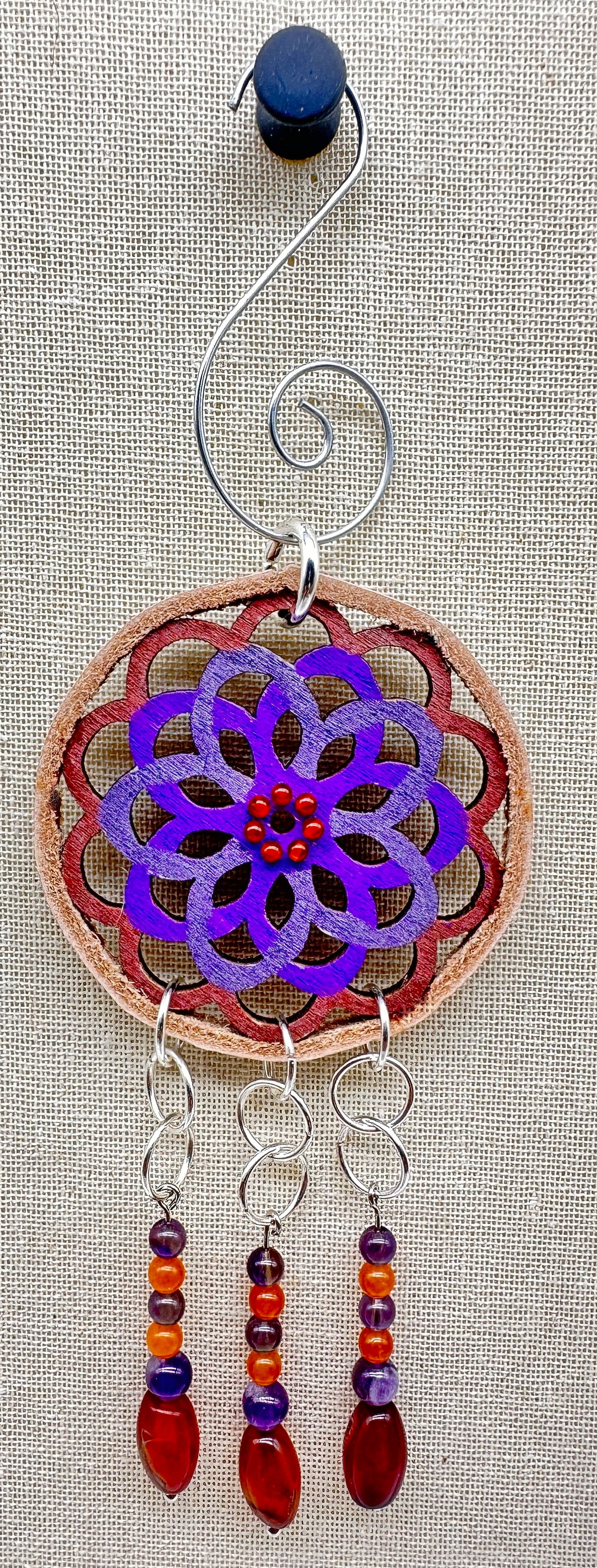 Hand painted Wooden Dreamcatcher w/ Deer hide, Carnelian, Amethyst, & Agate (S)