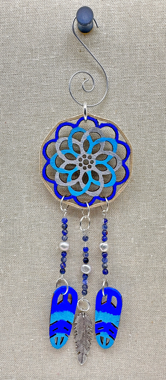 Hand painted Wooden Dreamcatcher w/ Deer hide, Sodalite, & Freshwater Pearls (S)