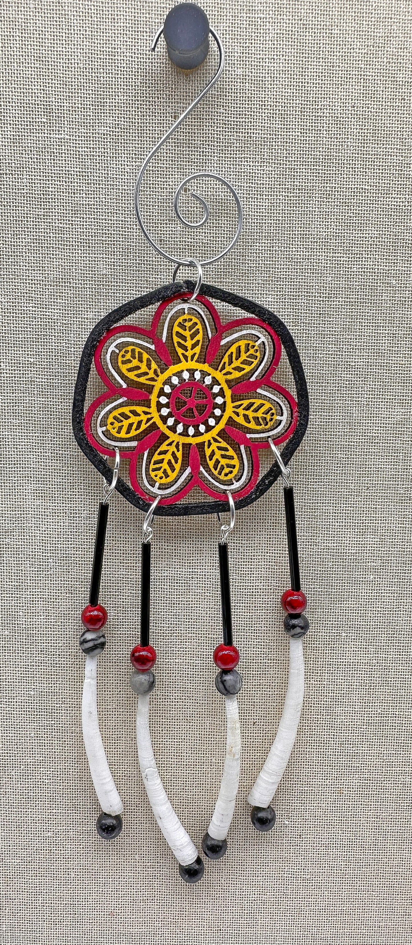 Hand painted Wooden Dreamcatcher w/ Deer hide, Dentalium Shell, Black Network, & Quartzite (M)