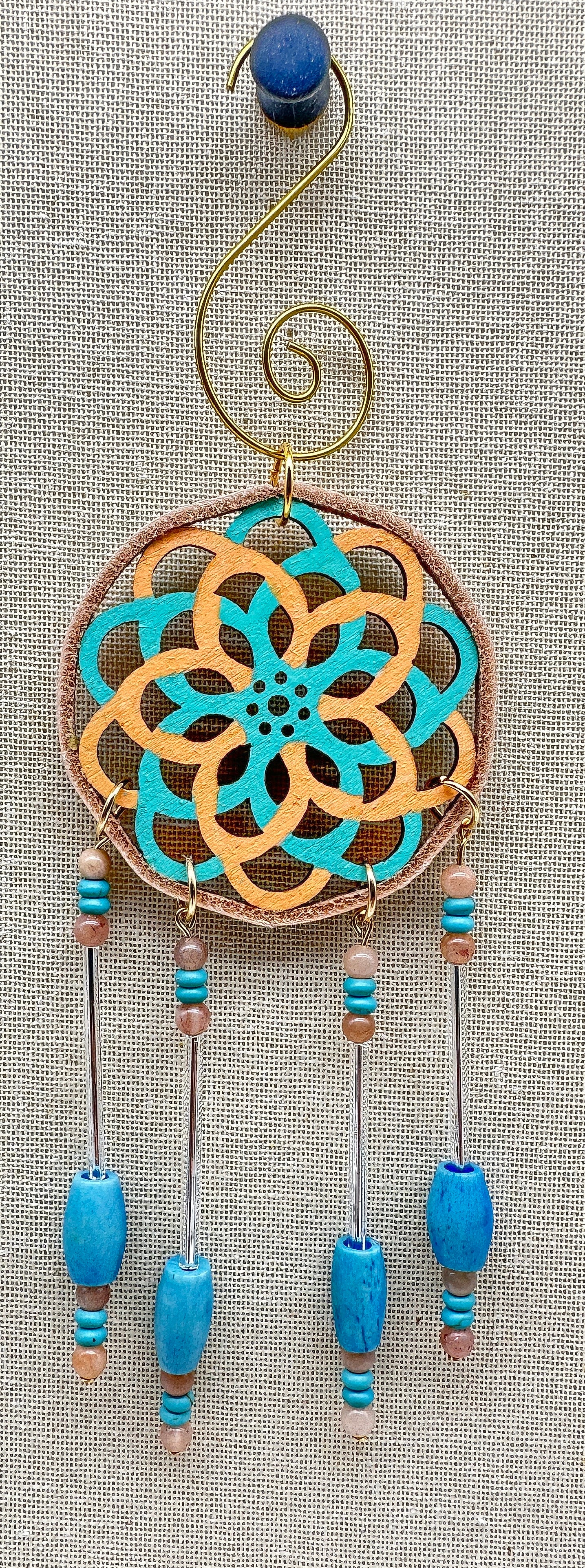 Hand painted Wooden Dreamcatcher w/ Deer hide, Sunstone, Turquoise, & Bone Bead (S)