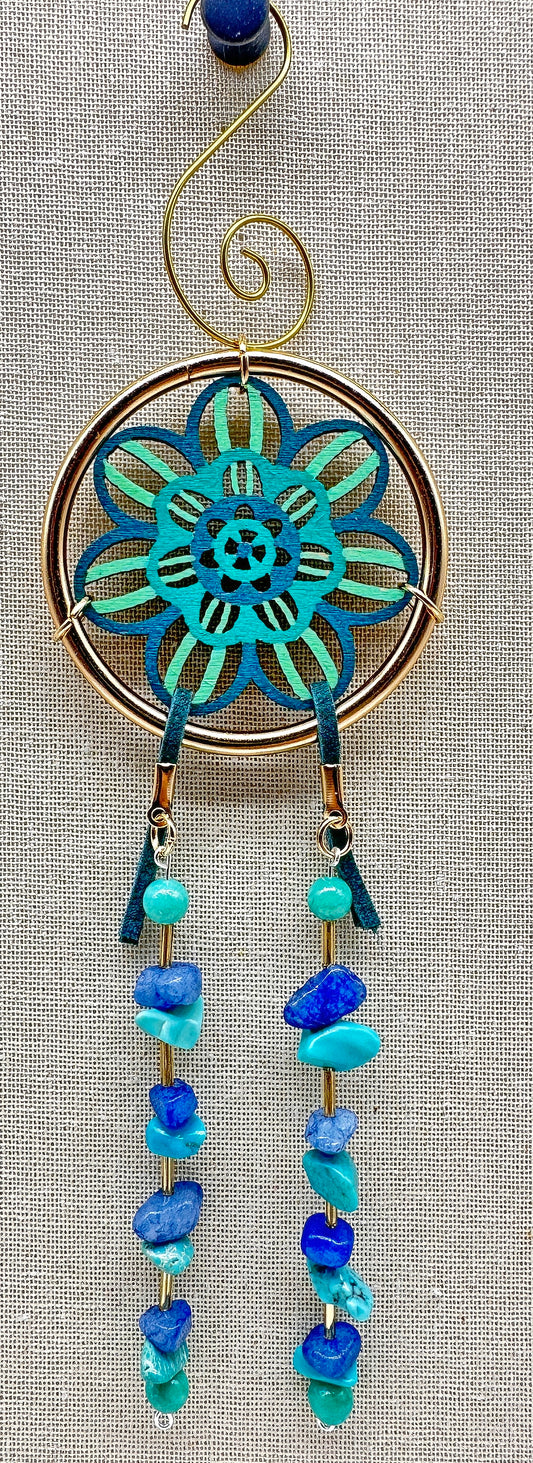 Hand painted Wooden Dreamcatcher w/ Turquoise, Angelite, & Quartzite (S)