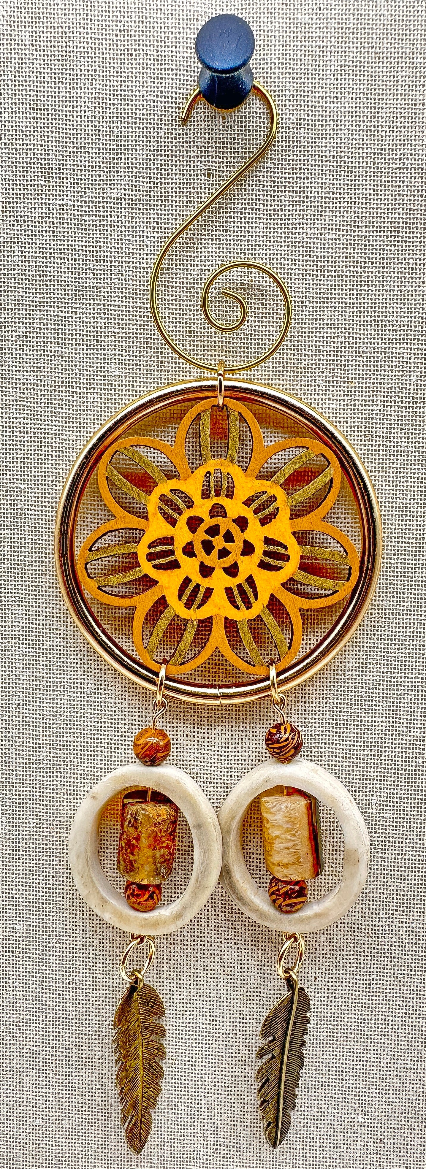 Hand painted Wooden Dreamcatcher w/ Caribou Antler, Elephant Skin Jasper, & Crazy Lace Agate (M)