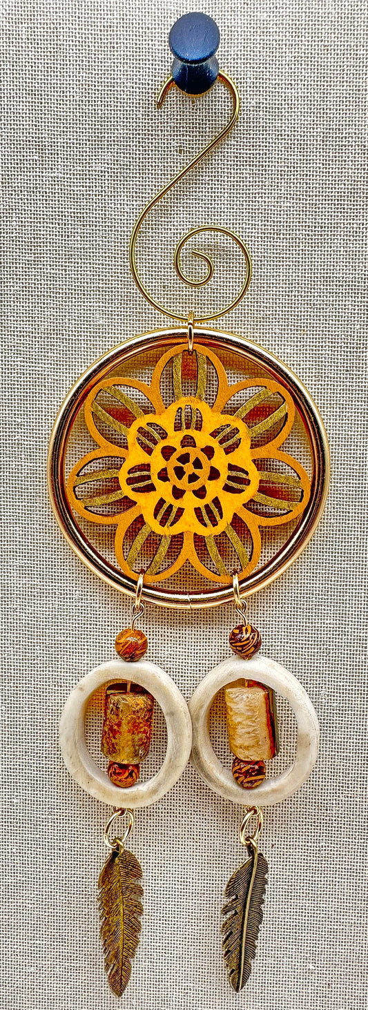 Hand painted Wooden Dreamcatcher w/ Caribou Antler, Elephant Skin Jasper, & Crazy Lace Agate (M)