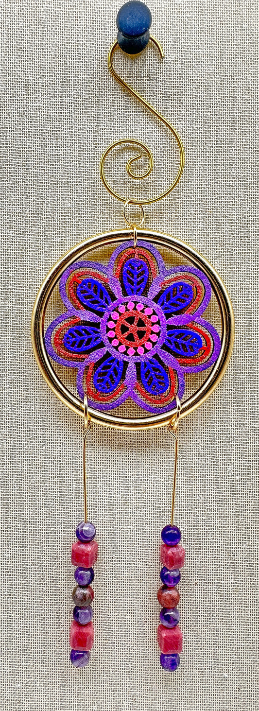 Hand painted Wooden Dreamcatcher w/ Rhodonite & Amethyst (S)