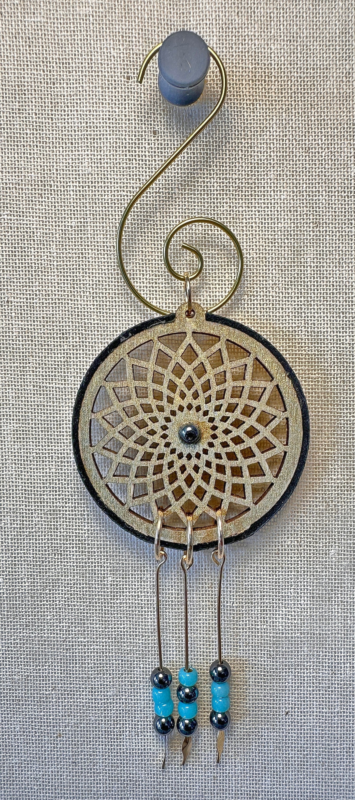 Hand painted Wooden Dreamcatcher w/ Deer hide, Turquoise, & Hematite (S)