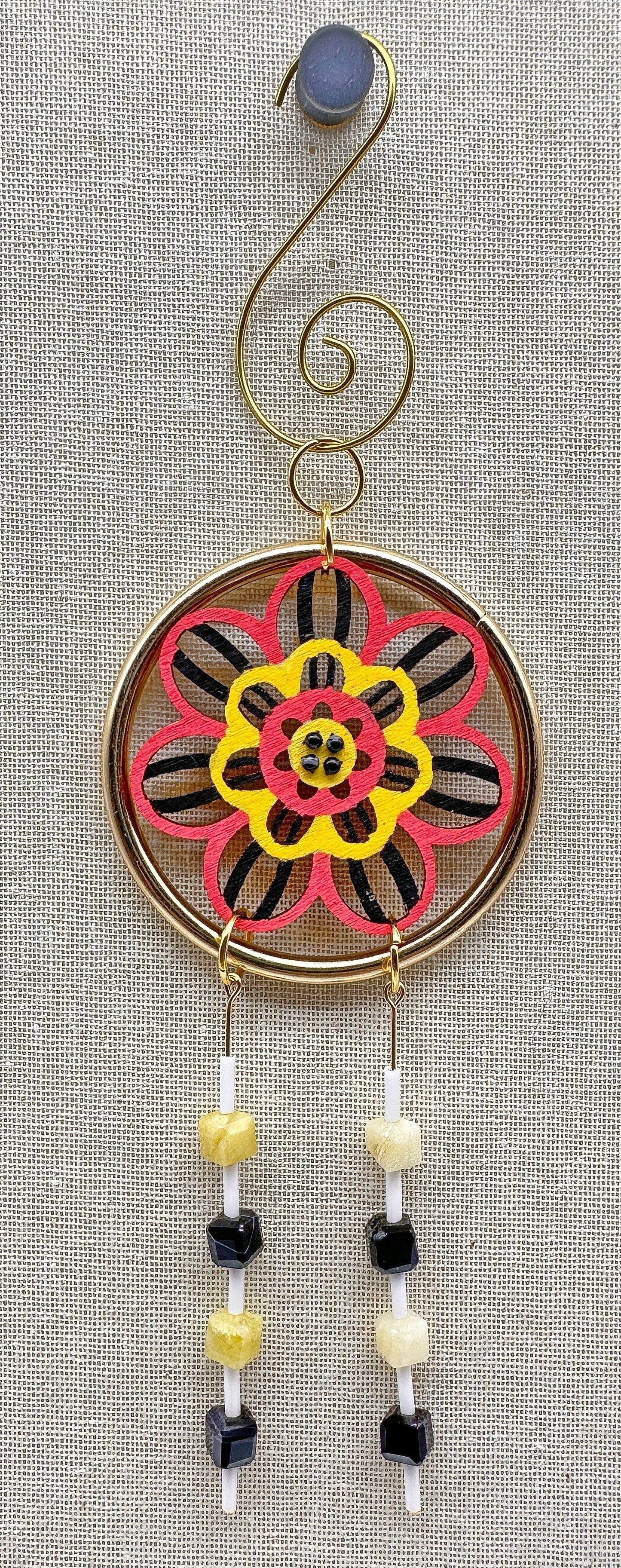 Hand painted Wooden Dreamcatcher w/ Sardonyx, Honey Opal, Snowflake Obsidian, & 4 Sacred Colours (S)