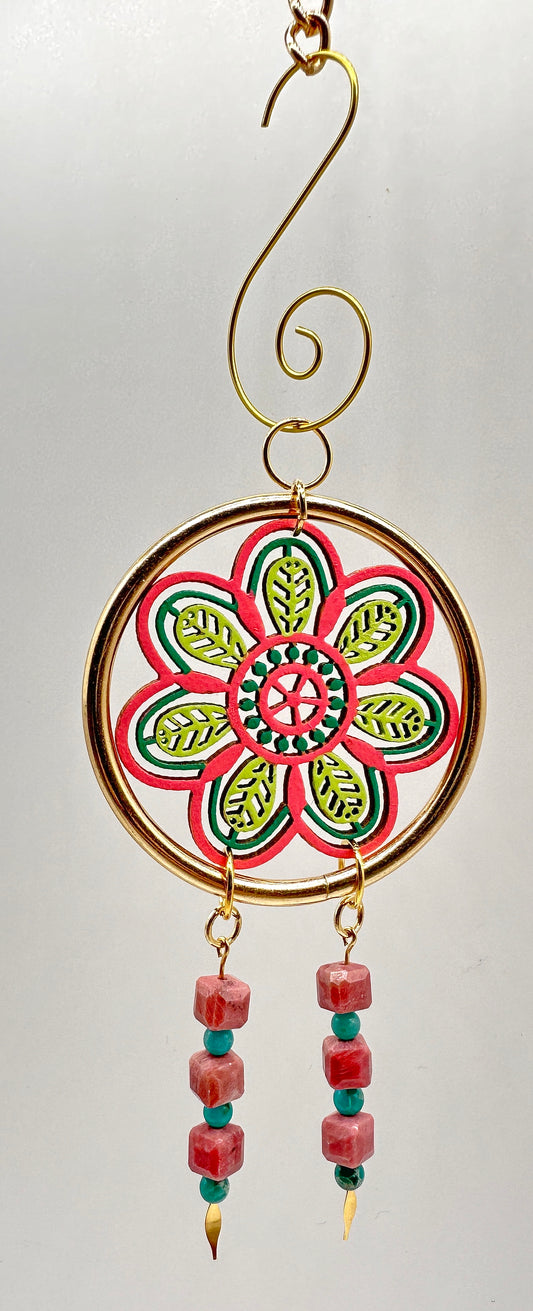 Hand painted Wooden Dreamcatcher w/ Rhodonite & Serpentine (S)