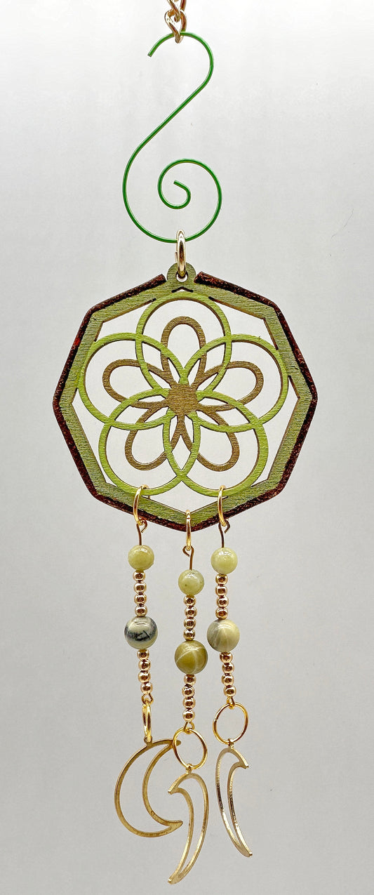 Hand painted Wooden Dreamcatcher w/ Butter Jasper, & Jade (S)