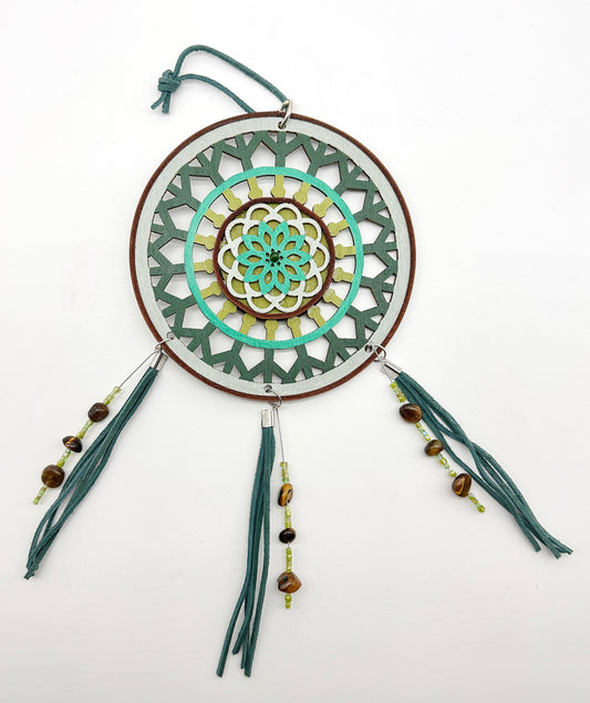 Hand painted Wooden Dreamcatcher w/ Tiger's Eye, & Jade (L)