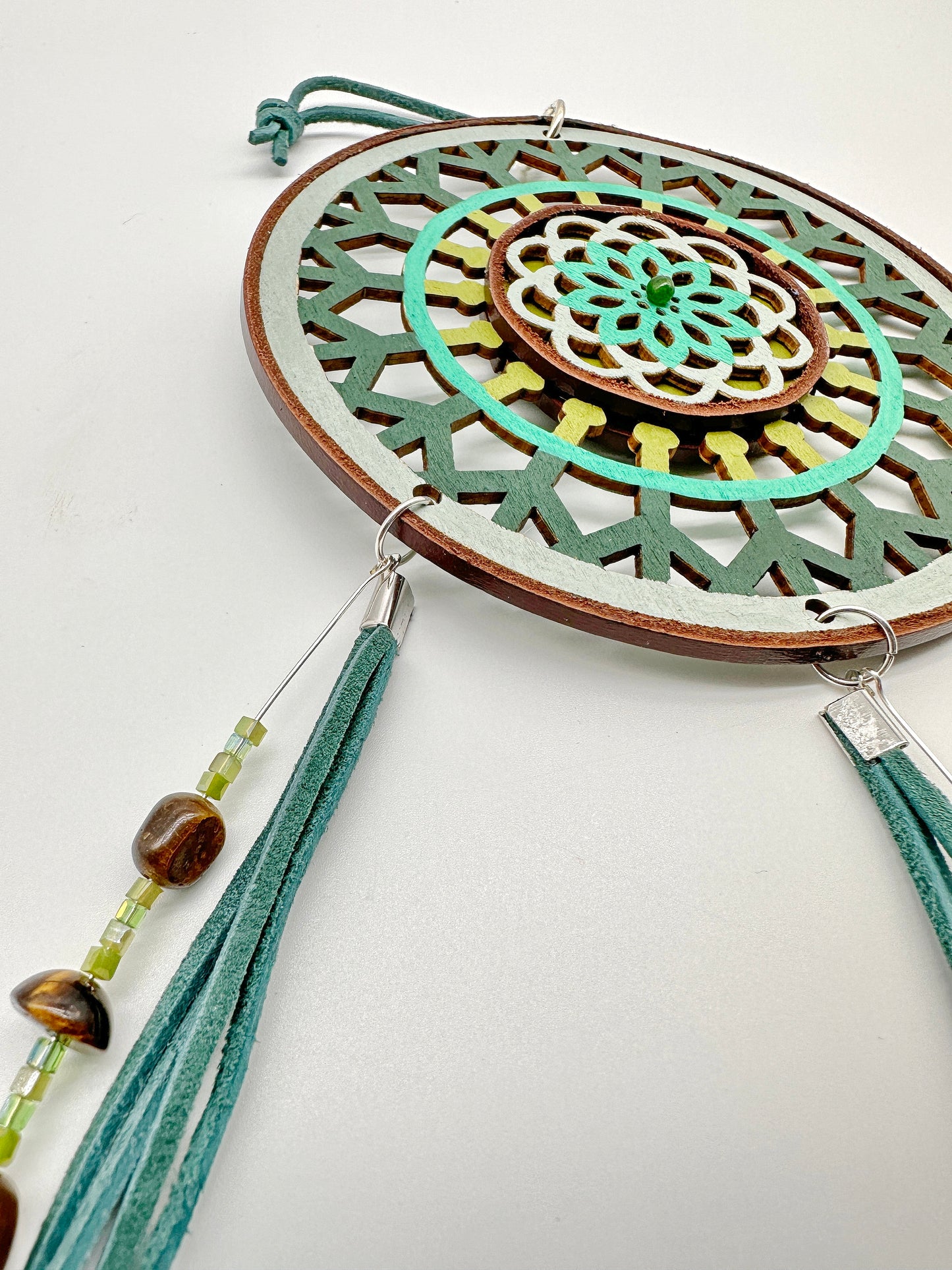 Hand painted Wooden Dreamcatcher w/ Tiger's Eye, & Jade (L)