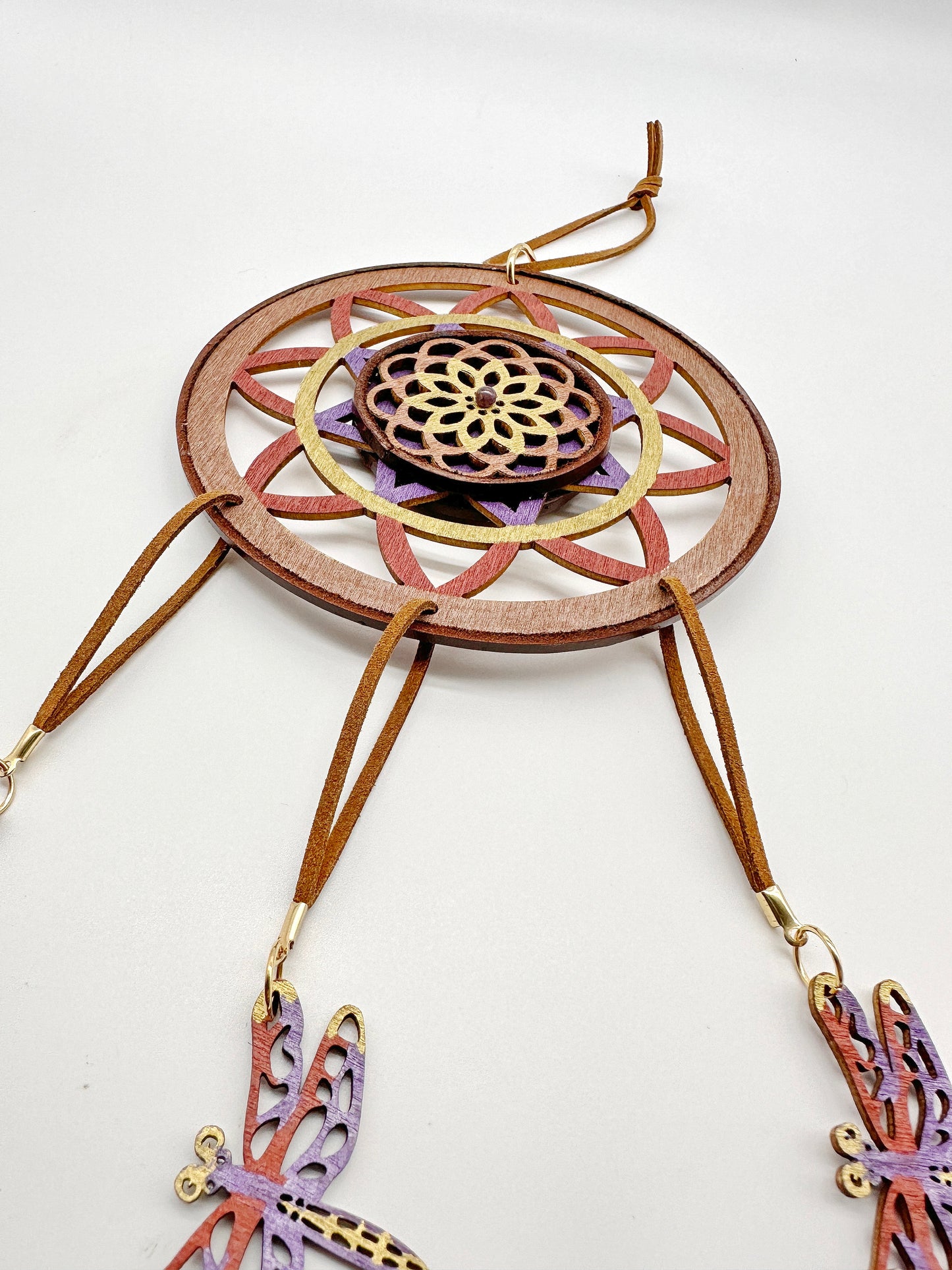 Hand painted Wooden Dreamcatcher w/ Amethyst & Mookaite - 'Dragonfly'(L)