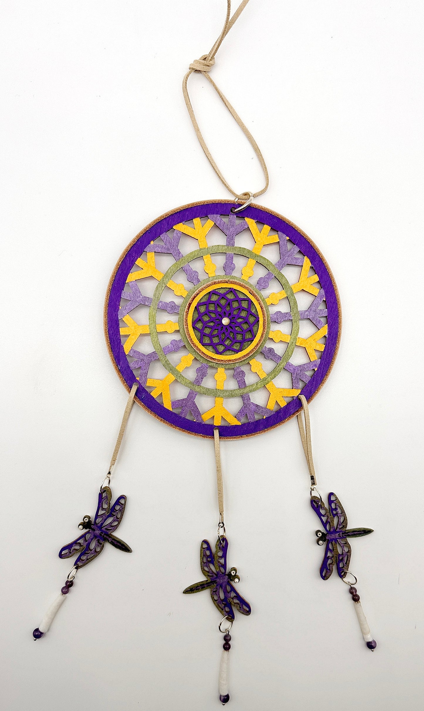 Hand painted Wooden Dreamcatcher w/ Mother-of-Pearl, Amethyst, & Dentalium Shell - 'Dragonfly' (L)