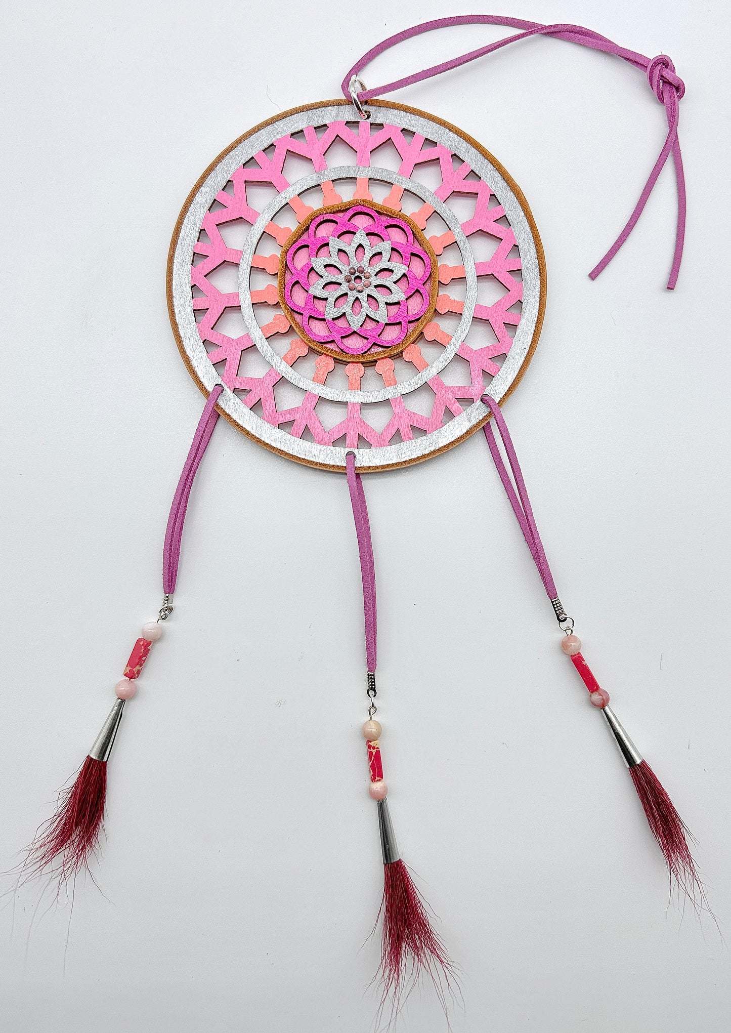 Hand painted Wooden Dreamcatcher w/ Caribou Hair, Pink Opal, Imperial Jasper, & Rhodonite (L)