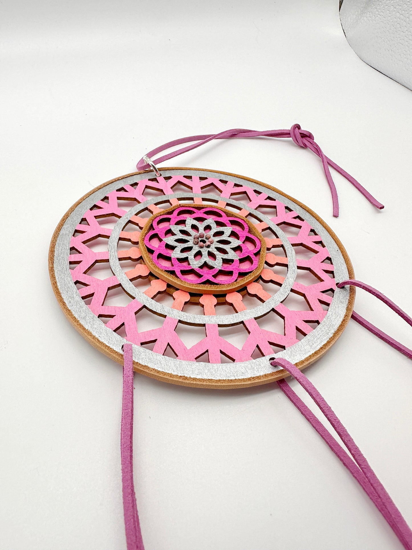 Hand painted Wooden Dreamcatcher w/ Caribou Hair, Pink Opal, Imperial Jasper, & Rhodonite (L)