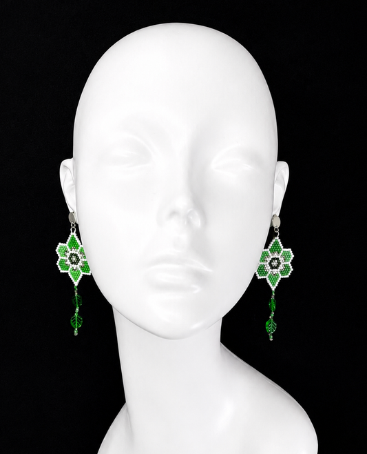Miyuki Earrings - Flower w/ leaves (green, white)