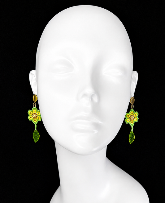 Miyuki Earrings - Flower w/ leaves (green, yellow)