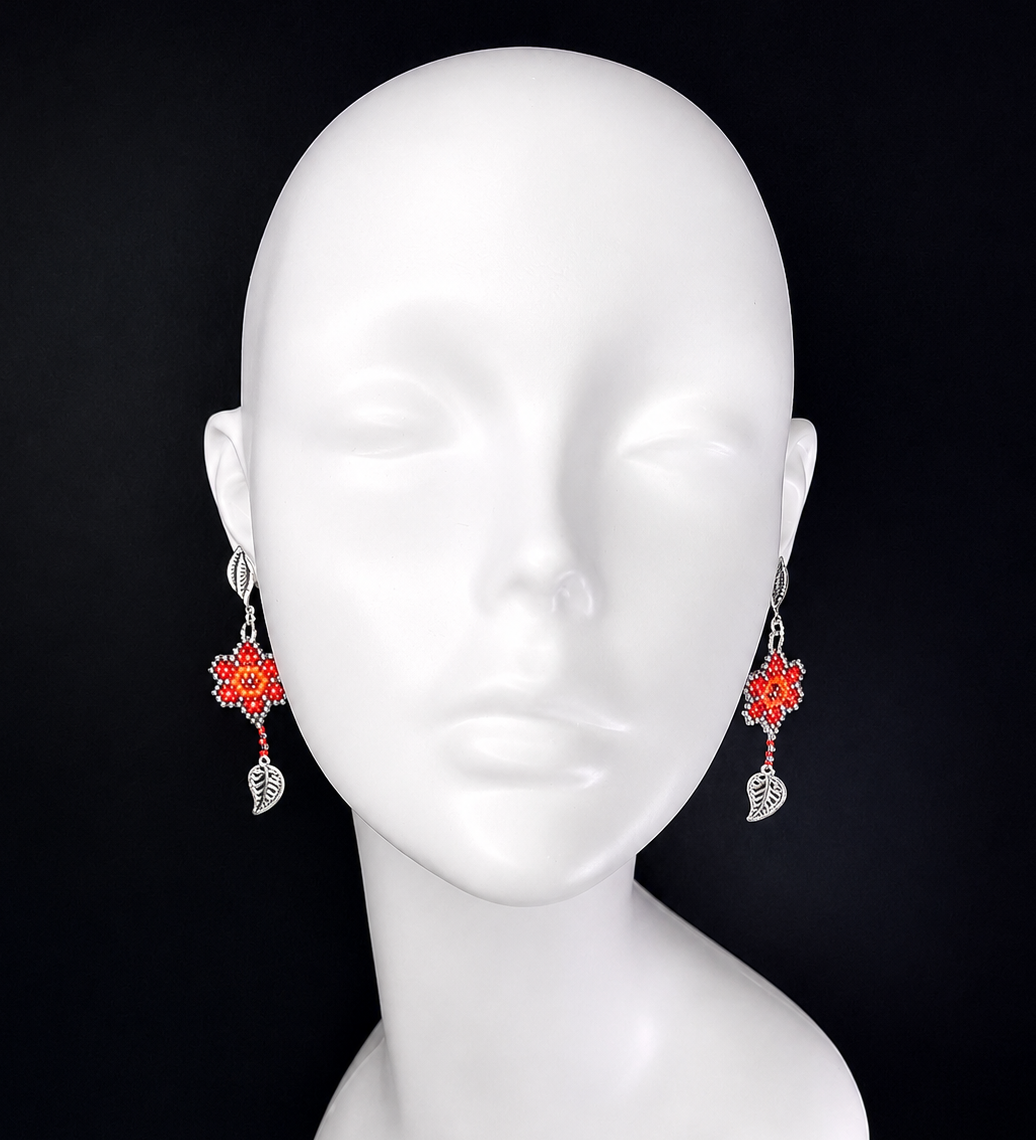 Miyuki Earrings - Flower w/ leaves (reds)